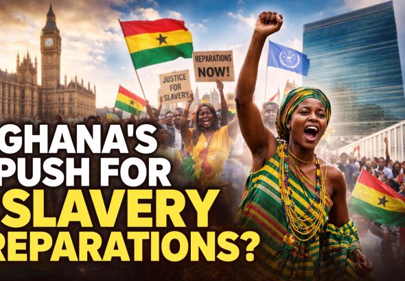 Ghana protests and UN building symbolizing slavery reparations push