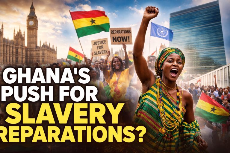 Ghana protests and UN building symbolizing slavery reparations push
