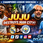 Real Madrid vs Manchester City Champions League match graphic showing Madrid victory and juju trending online