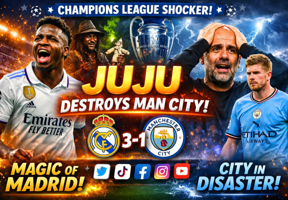 Real Madrid vs Manchester City Champions League match graphic showing Madrid victory and juju trending online