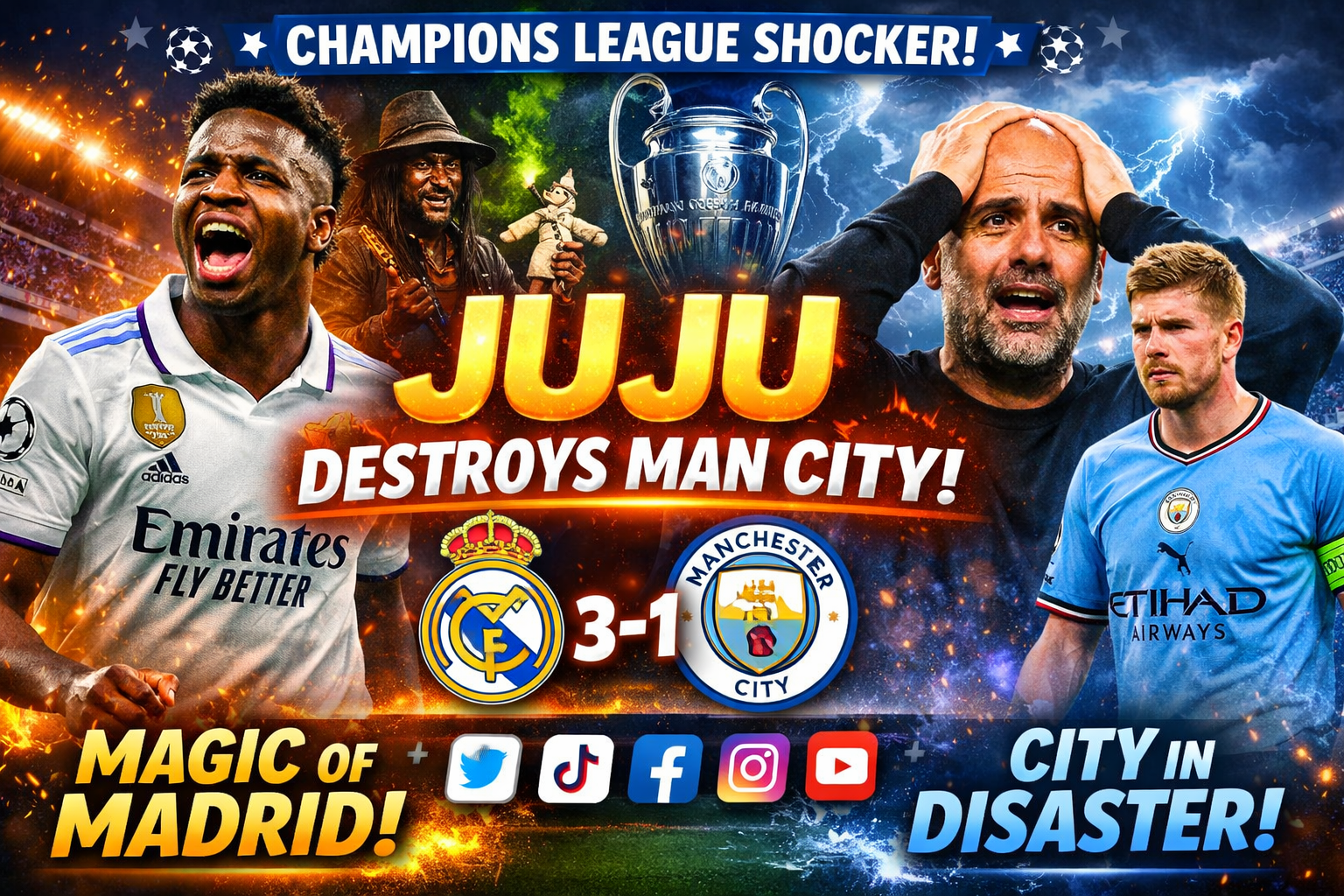 Real Madrid vs Manchester City Champions League match graphic showing Madrid victory and juju trending online