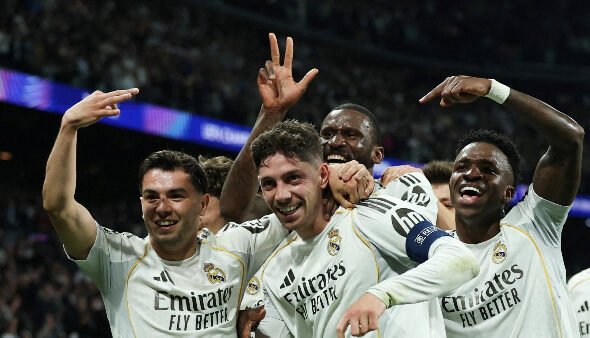 Real Madrid vs Manchester City Champions League match graphic showing Madrid victory and juju trending online