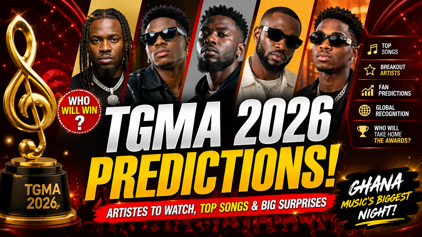 TGMA 2026 Trending Artists and Predictions featuring Ghana’s top musicians, award contenders, and viral music trends