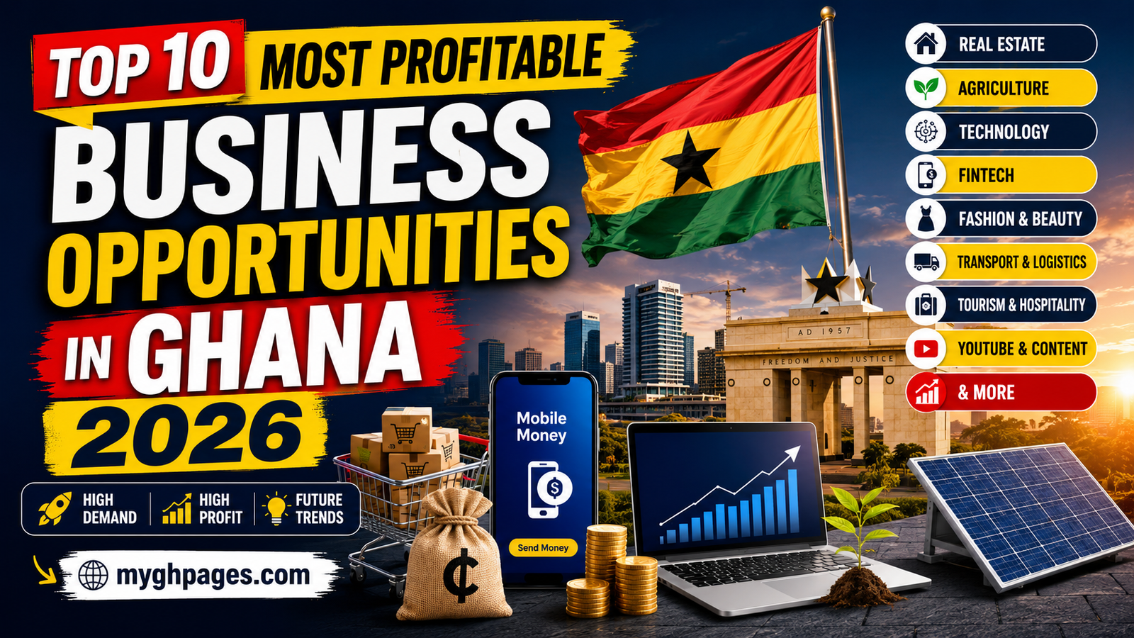 Business Opportunities in Ghana in 2026 featuring fintech, online business, AI services, and real estate — myghpages.com